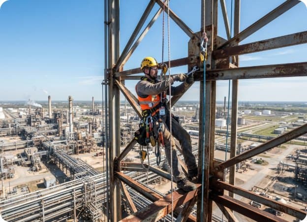 Técnico trabajando en altura con arnés