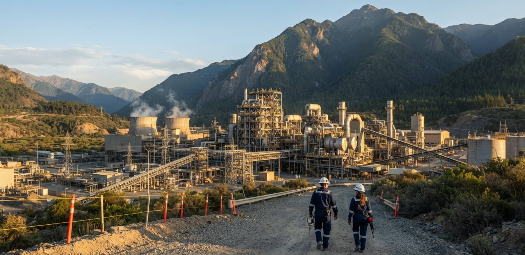Planta industrial en operación al atardecer